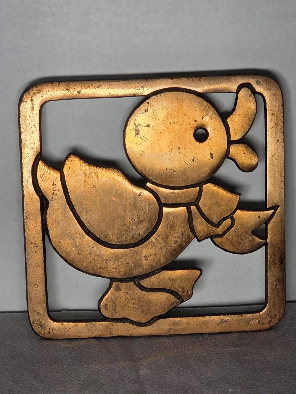 Vintage 1980's Cast Iron Duck Trivet Copper Plated Farmhouse Duckling Art